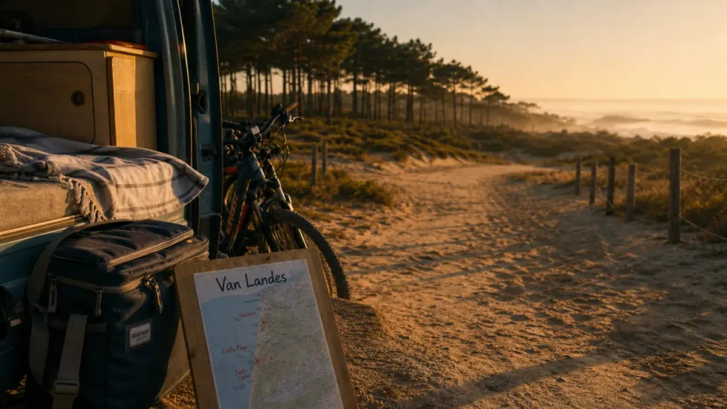 Visiter les Landes en van : levé de soleil depuis un van vers l’Atlantique