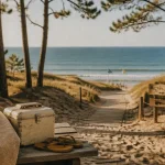 Camping bord de mer dans les Landes : accès plage depuis le camping avec sable et pinède