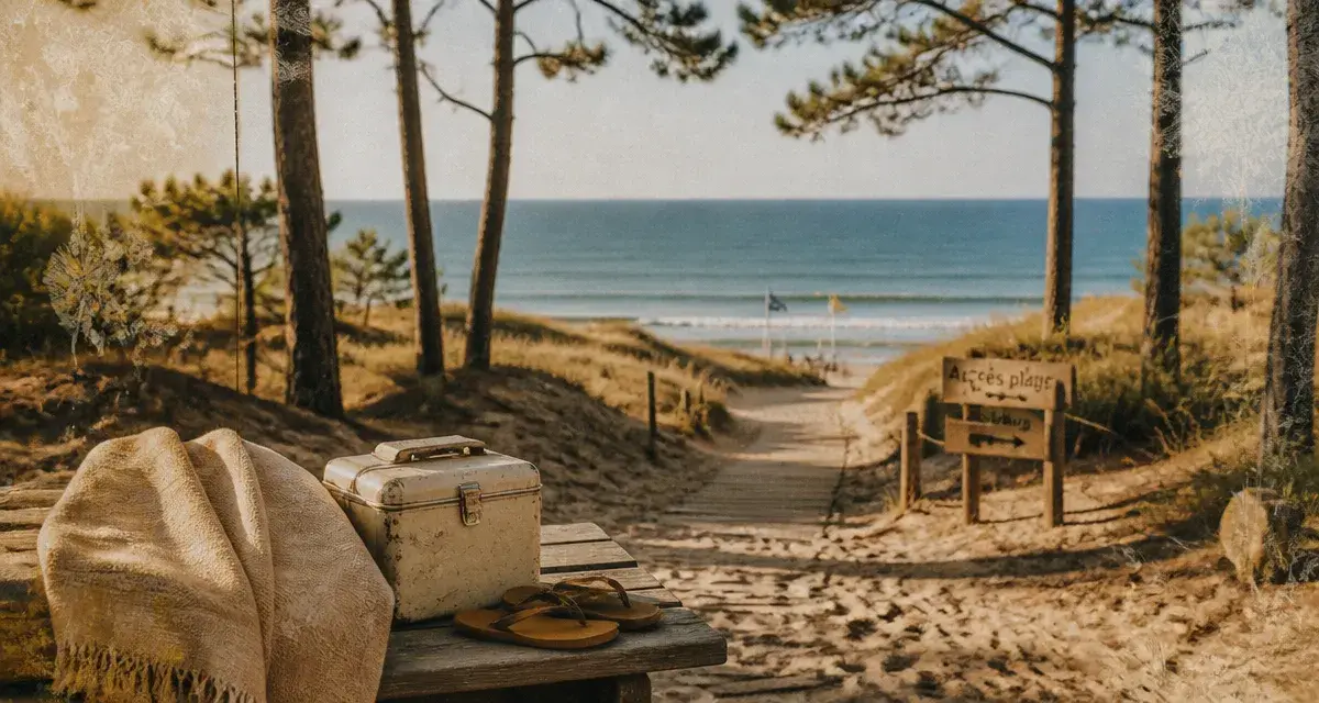 Camping bord de mer dans les Landes : accès plage depuis le camping avec sable et pinède
