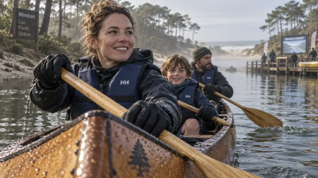 Canoe mimizan : famille en canoë sur l’eau, gilets et pagaies