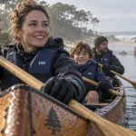 Canoe mimizan : famille en canoë sur l’eau, gilets et pagaies