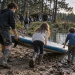 Colonies de vacances landes : ado et enfants tirent une planche de paddle vers un lac landais