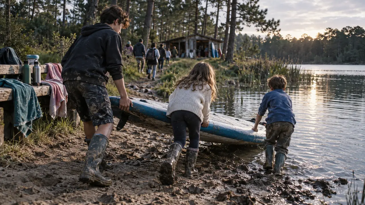 Colonies de vacances landes : ado et enfants tirent une planche de paddle vers un lac landais