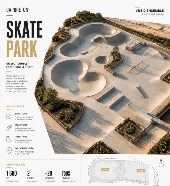 Vue aérienne du skatepark de Capbreton, un spot de glisse incontournable dans les Landes.