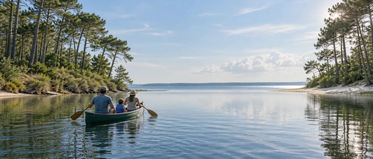 Canoë Mimizan sur un courant bordé par la forêt landaise avant le lac