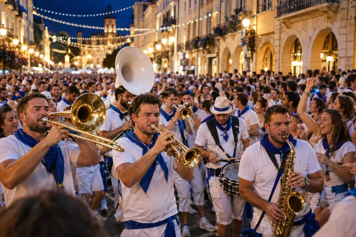 Fête de Mont-de-Marsan 2025 dans les rues avec festayres en bleu et blanc et bandas