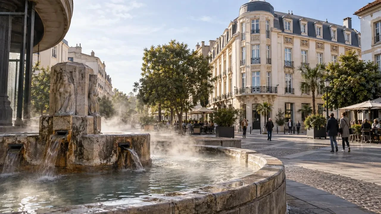 Centre-ville de Dax autour de la Fontaine Chaude et des façades Art Déco