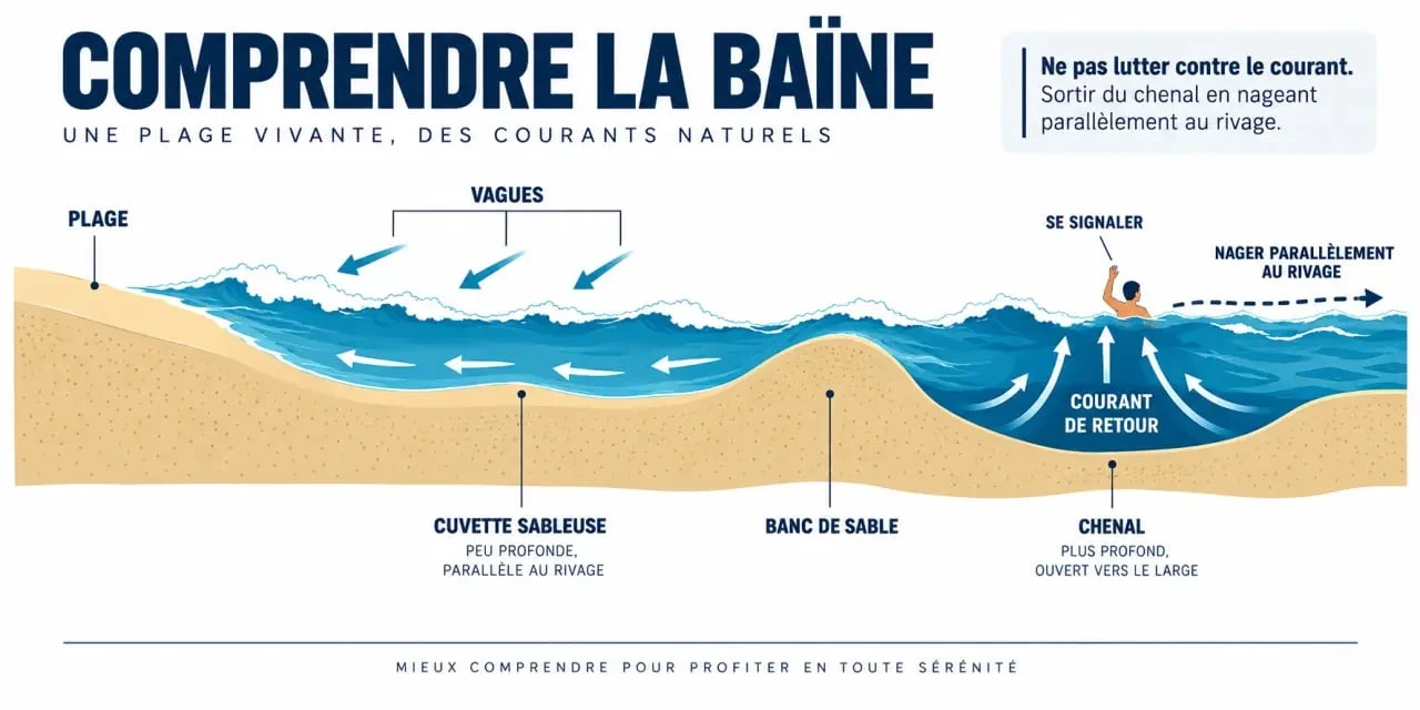 Infographie expliquant le courant de baïne sur une plage de Moliets plage dangereuse