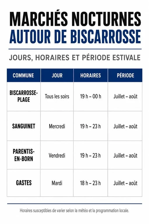 Marchés nocturnes Biscarrosse : tableau visuel des jours, horaires et communes autour de Biscarrosse