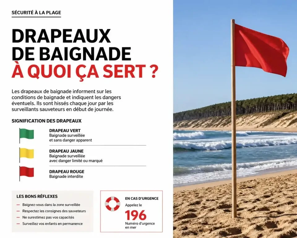 Drapeau de plage et baïnes sur une plage de camping bord de mer dans les Landes