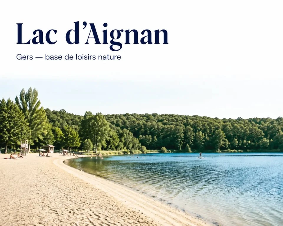 Lac d Aignan avec plage de sable fin et forêt en bord de lac