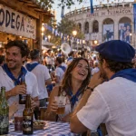 Fete de la madeleine à Mont-de-Marsan : festayres bleu et blanc devant une bodega