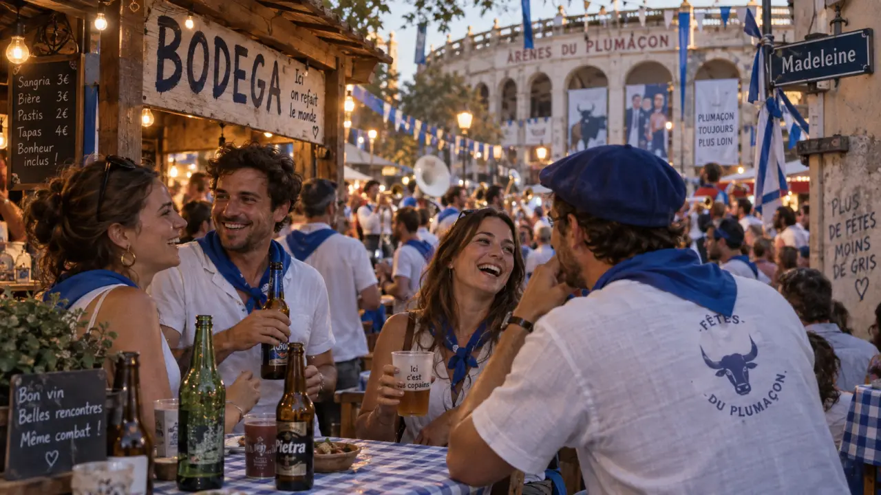 Fete de la madeleine à Mont-de-Marsan : festayres bleu et blanc devant une bodega