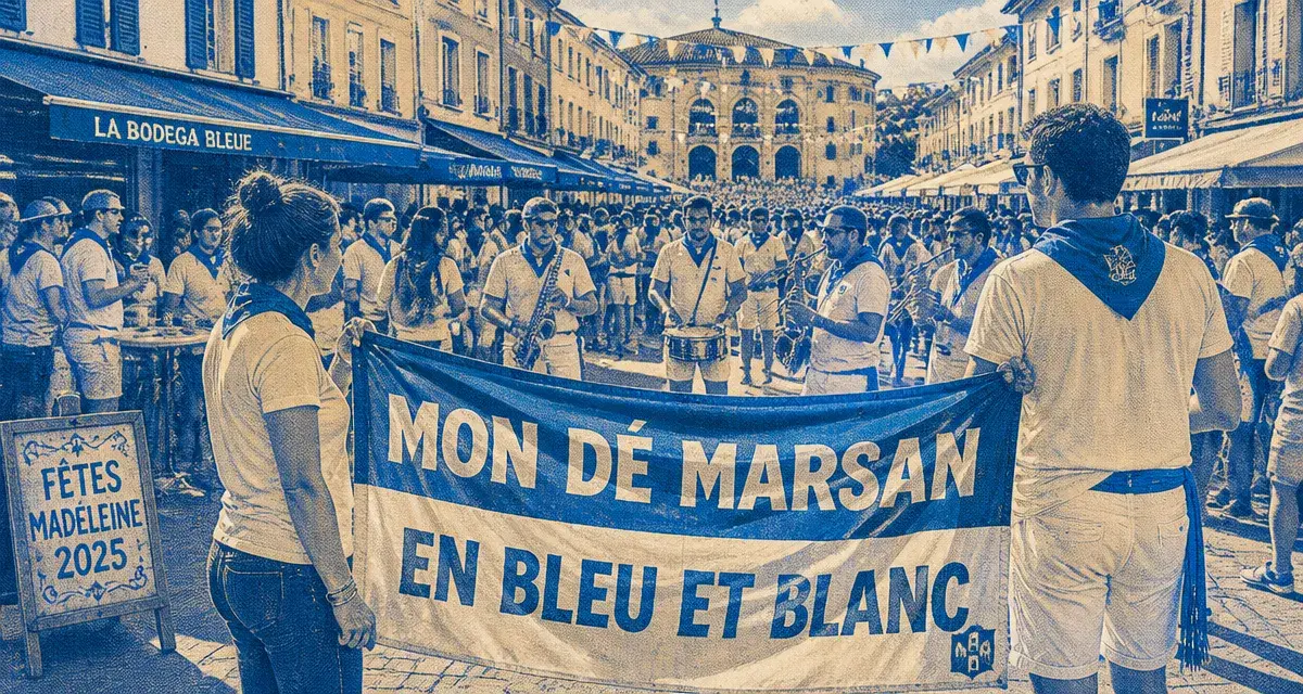 Fête de mont de marsan 2025 : rue animée vers les arènes, banderole bleue et blanche