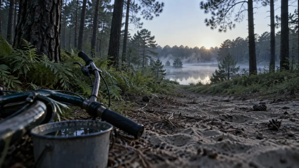 Foret des landes tourisme : pins, lac et vélo près d’un chemin sableux au petit matin
