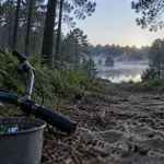Foret des landes tourisme : pins, lac et vélo près d’un chemin sableux au petit matin