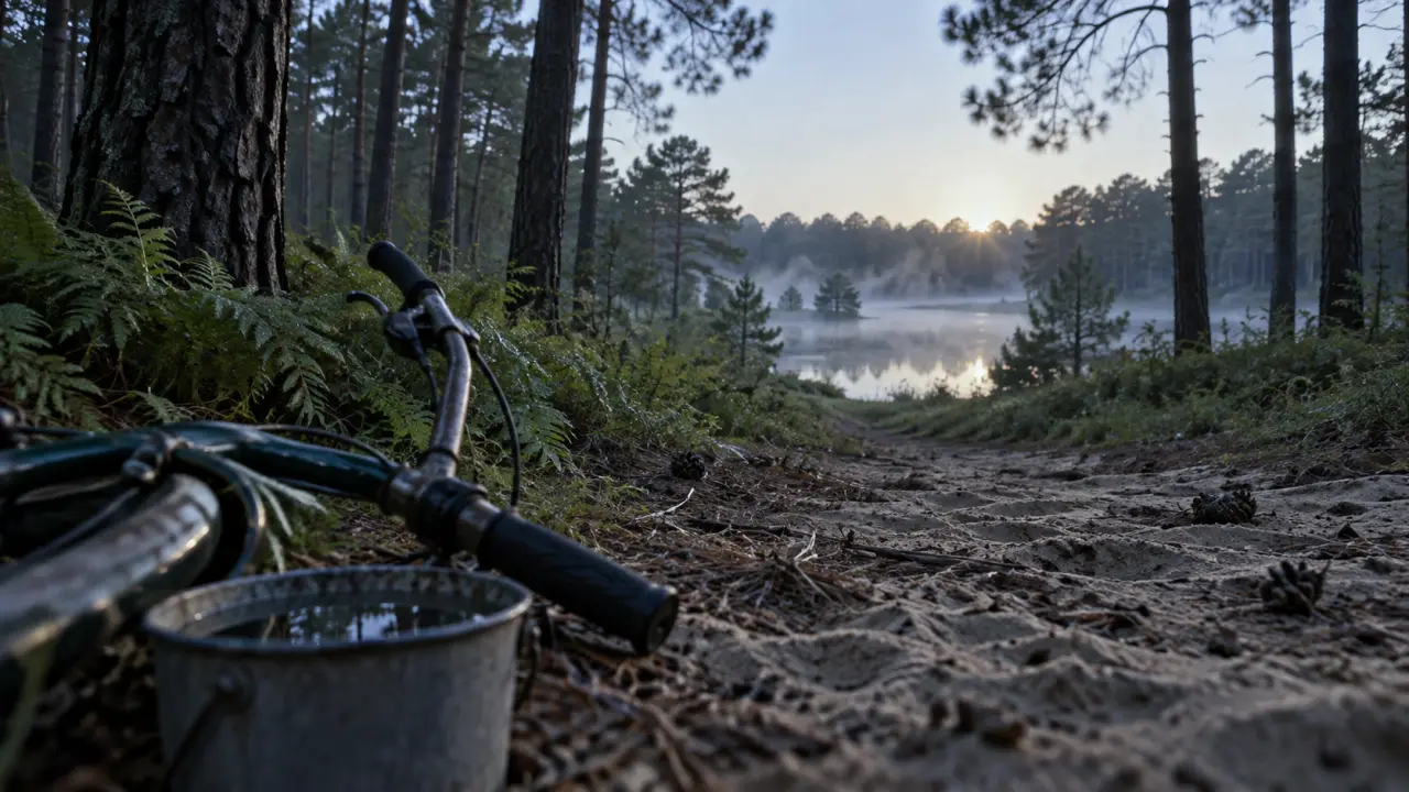 Foret des landes tourisme : pins, lac et vélo près d’un chemin sableux au petit matin