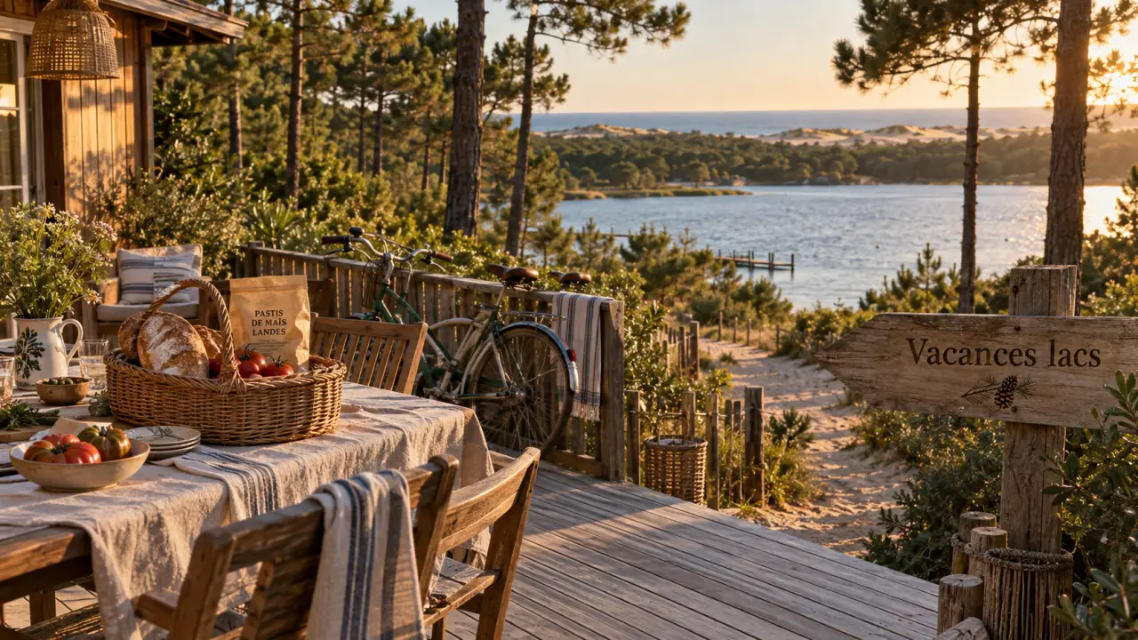 Hébergement vacances Landes : terrasse avec vue sur lac et pins, camp de base