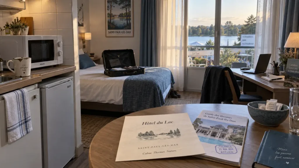 Chambre d’hôtel avec kitchenette, hôtels à saint paul lès dax et vue lac de Christus