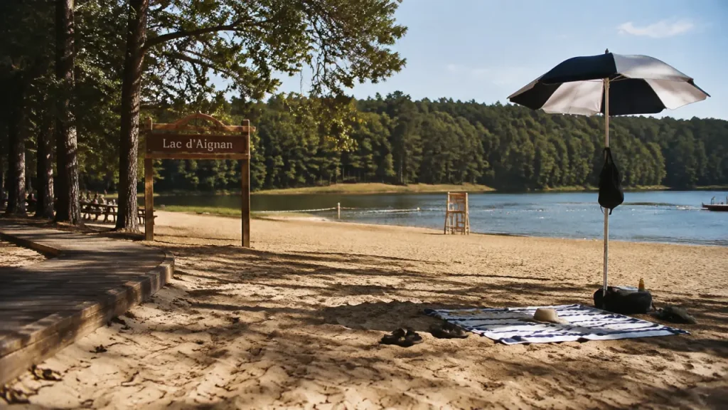 lac d aignan, plage, sable et forêt pour baignade et loisirs en famille