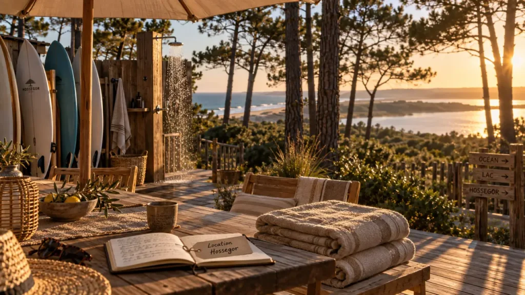 Location de vacances Hossegor Landes : terrasse, douche extérieure et vue océan puis lac.