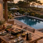 Location maison de vacances dans les Landes avec piscine : vue terrasse, pins et océan