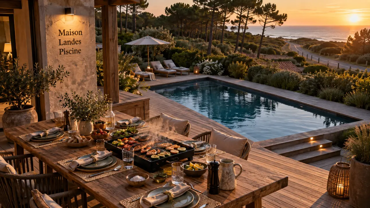Location maison de vacances dans les Landes avec piscine : vue terrasse, pins et océan