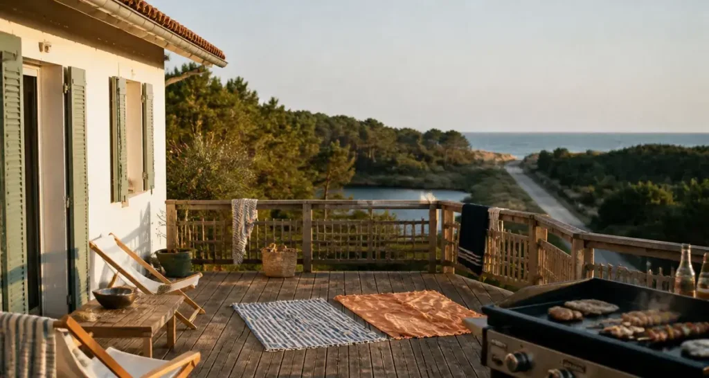 Location vacances azur landes : terrasse près du lac et accès plages