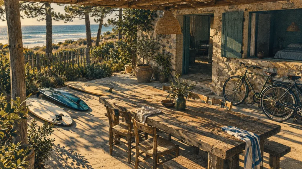 Location vacances ete landes : terrasse ombragée près des vagues, surf et vélos