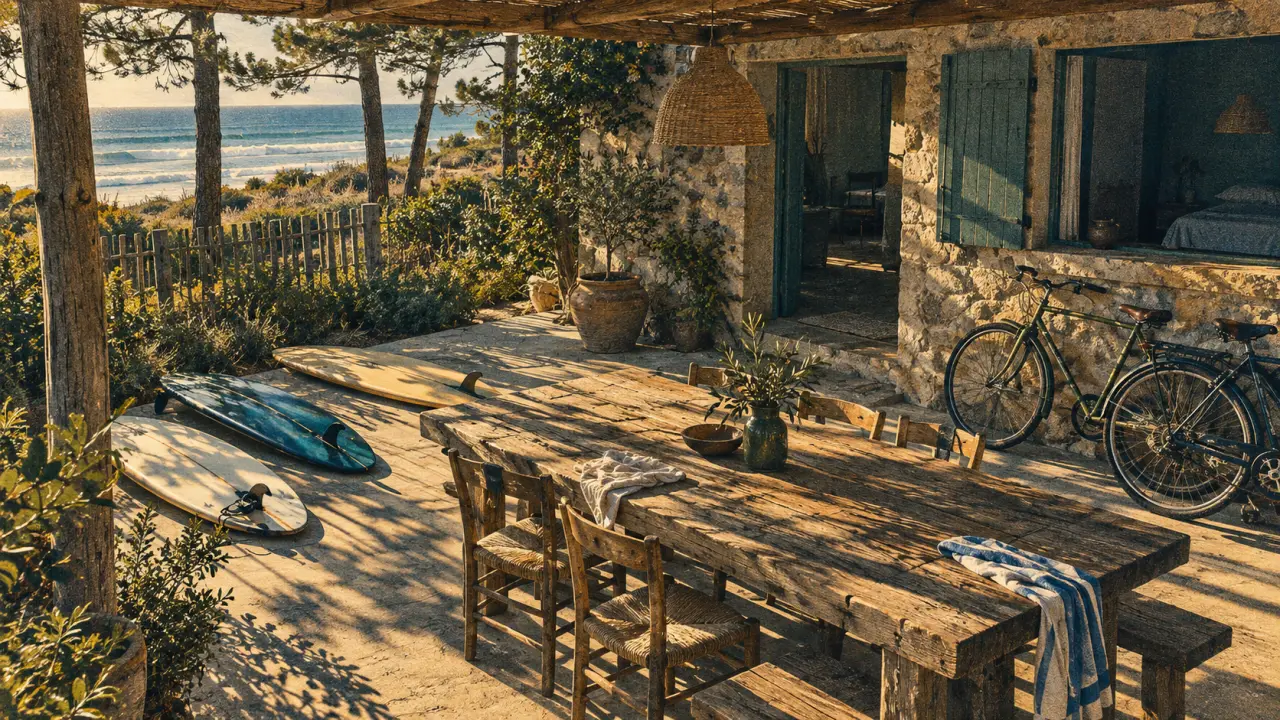 Location vacances ete landes : terrasse ombragée près des vagues, surf et vélos
