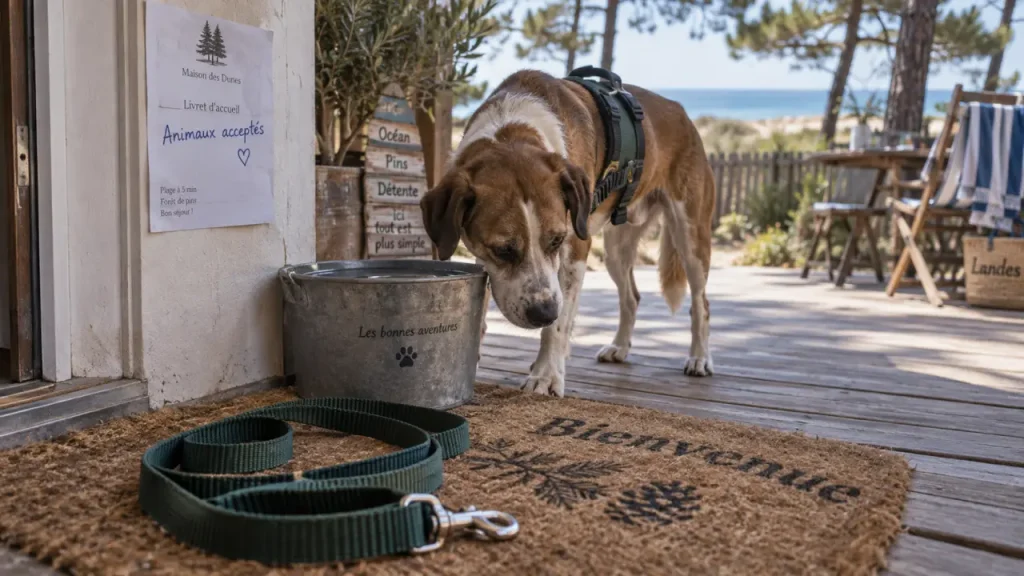 Location vacances landes avec chien près de l’océan, chien sur terrasse