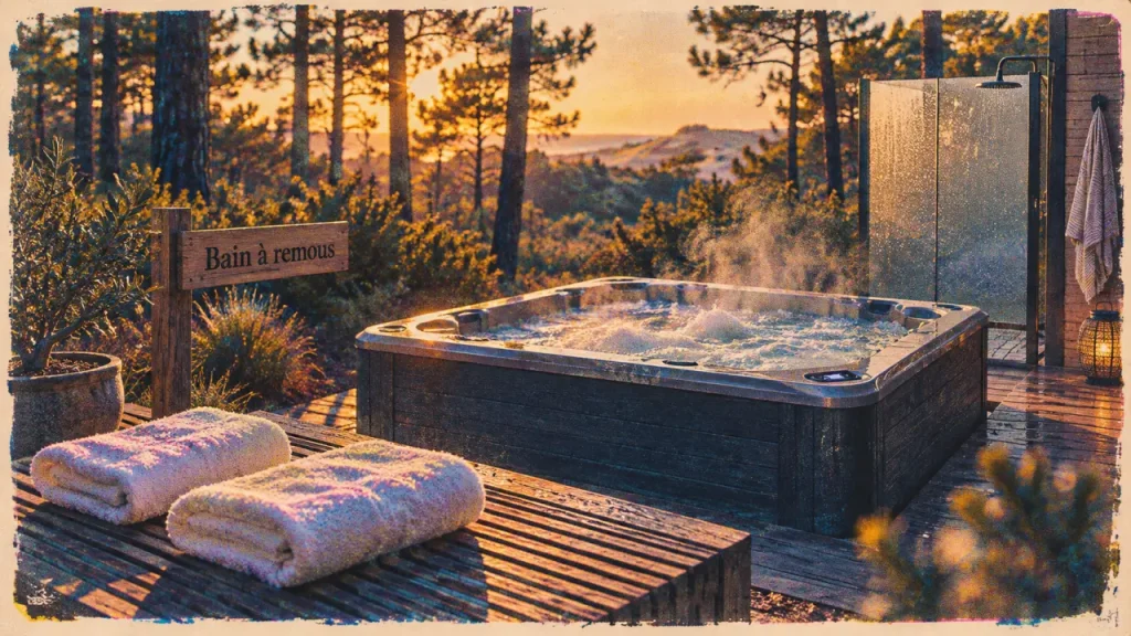 Location vacances landes avec bain à remous, bain à remous fumant près du patio