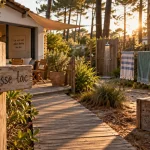 Location vacances landes biscarrosse près du lac : jardin, patio et passerelle en bois