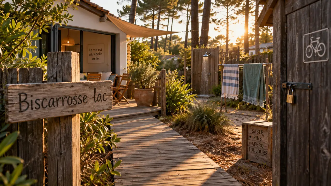 Location vacances landes biscarrosse près du lac : jardin, patio et passerelle en bois