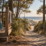 Location vacances landes bord de mer camping : terrasse mobil-home et pinède