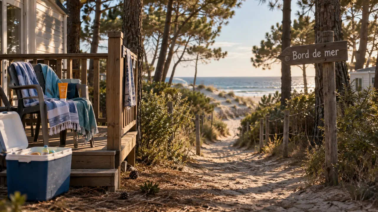 Location vacances landes bord de mer camping : terrasse mobil-home et pinède