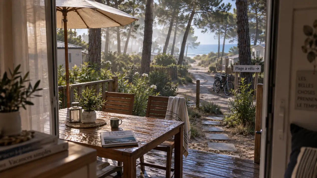 location vacances landes mobil home : terrasse en pinède vers l’océan