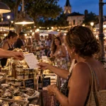 Marché nocturne Sanguinet, tables et huîtres au marché d’été de nuit