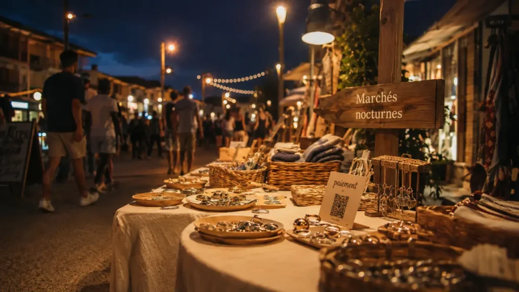 Marchés nocturnes Biscarrosse : étal au marché nocturne à Biscarrosse-Plage