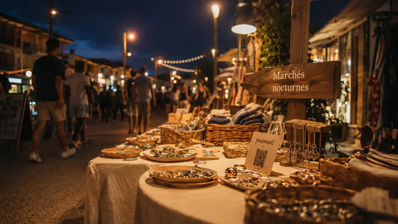 Marchés nocturnes Biscarrosse : étal au marché nocturne à Biscarrosse-Plage