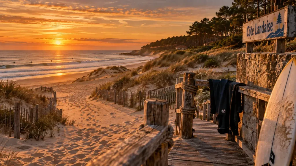 Où partir en vacances dans les Landes : plage Côte Landaise au coucher de soleil