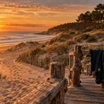 Où partir en vacances dans les Landes : plage Côte Landaise au coucher de soleil