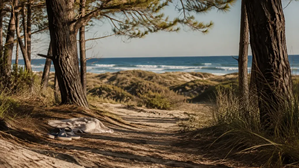 Plage naturiste d'arnaoutchot : sentier de sable dans une pinède vers l’océan