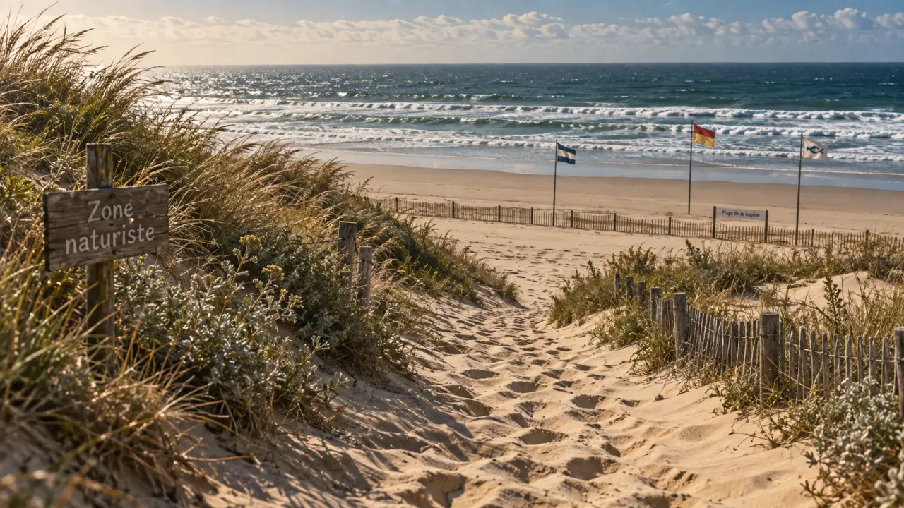 Plage naturiste de la lagune : sable fin, sentier et zone naturiste