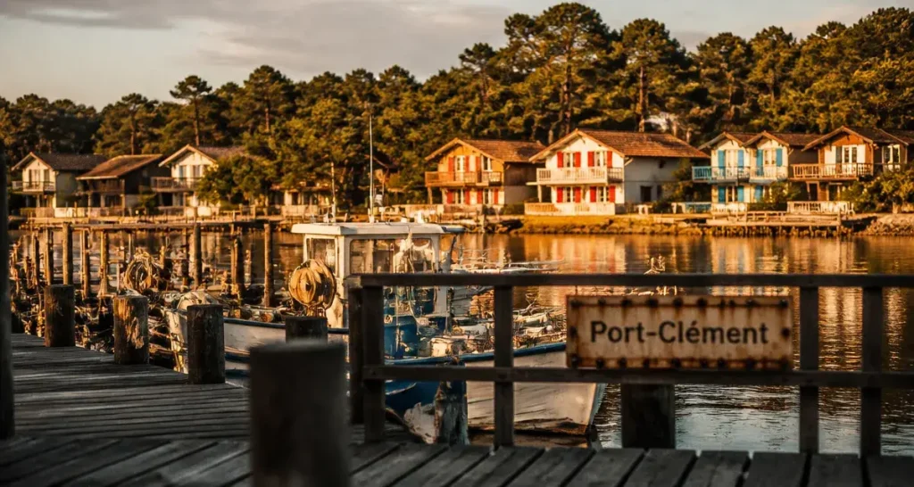 Port clement landes : vue du port, barques et pins