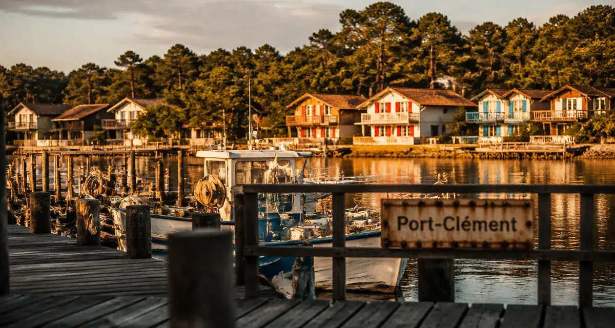 Port clement landes : vue du port, barques et pins