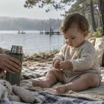 Que faire dans les landes avec un bebe : bébé au bord d’un lac calme, sous les pins