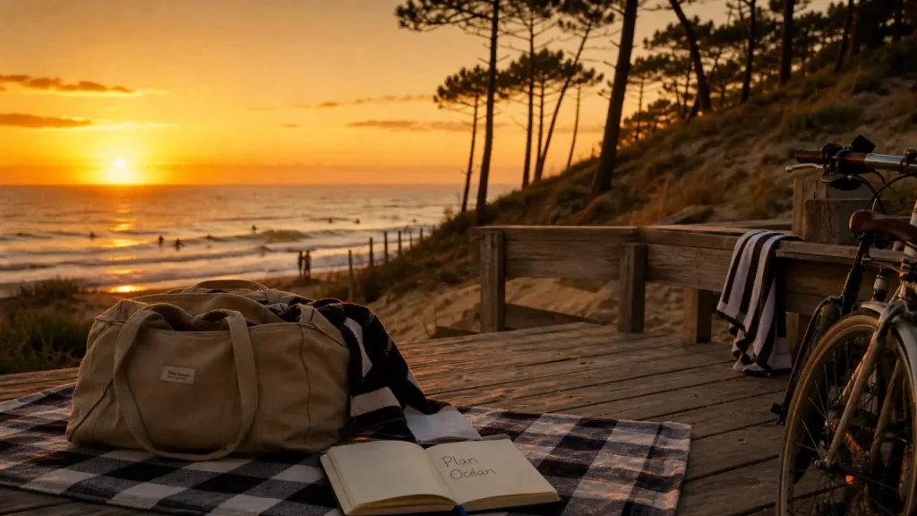 Que faire dans les Landes cette semaine : océan au coucher du soleil, plage et surfeurs