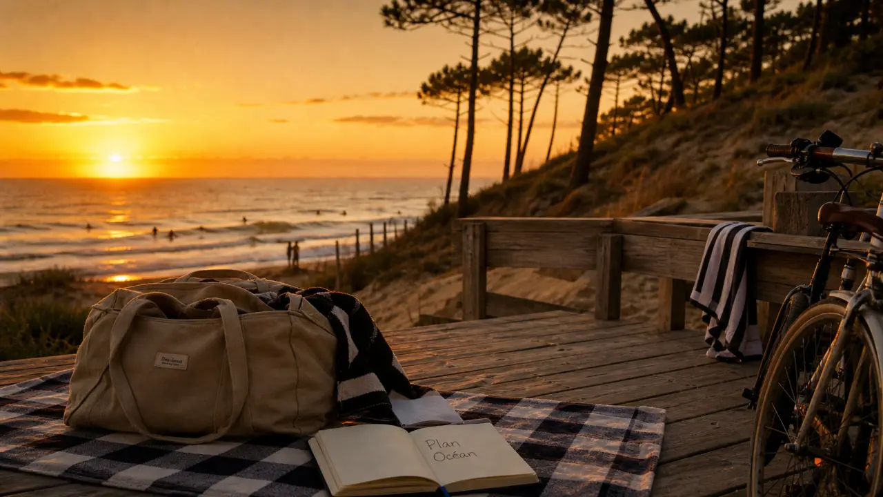Que faire dans les Landes cette semaine : océan au coucher du soleil, plage et surfeurs