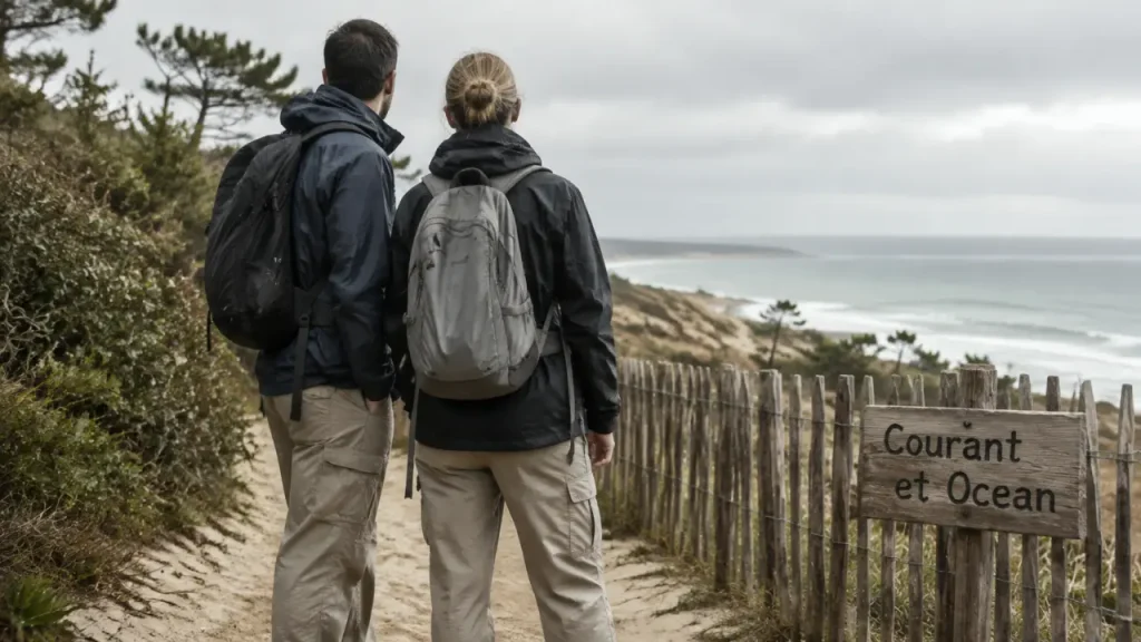 Que faire dans les Landes en avril : marcheurs sur sentier côtier, dunes et océan